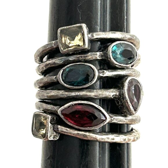 Jewelry - Bundle Lot of 6 Hammered Stacking Silver Gun Metal Crystal Colorful Stone Rings